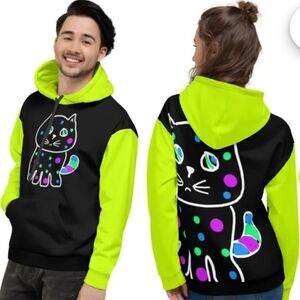 Unisex Cute Cat Rave Hoodie 3X Neon Green Hand Drawn Sweatshirt